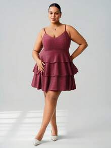 Hourglow Đầm hai dây dáng rộng cho nữ, chất liệu bóng, viền bèo nhún, phù hợp với dáng người đồng hồ cát và dáng người tròn trịa. - Màu Đỏ Sâu - Xem 3