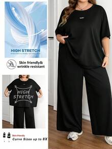 SHEIN CURVE+ 加大码黑色纹理针织上衣+宽松阔腿裤两件套，女士舒适休闲两件套 - 黑色 - 查看 1