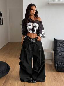 Coolane 女士春季街头风时尚Y2K休闲黑色宽松不对称假两件式降落伞裤 - 黑色 - 查看 2