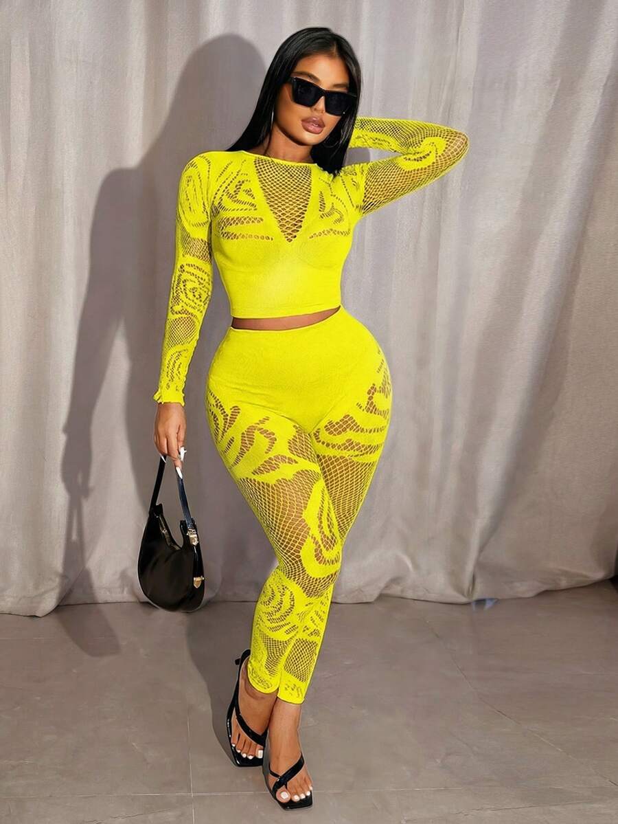 Zolique Bộ đồ 2 mảnh thời trang nữ gợi cảm, áo crop top dài tay phối lưới và quần dài, bộ trang phục 2 mảnh cho nữ, bộ đồ 2 mảnh cho nữ, bộ đồ 2 mảnh thường ngày cho nữ. - Màu vàng - Xem 1