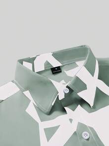 Manfinity Homme 男士休闲日常印花短袖衬衫，夏季款 - 橄欖綠 - 查看 4