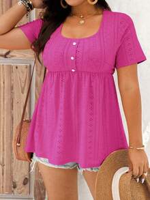 EMERY ROSE Camiseta de manga corta de talla grande, elegante, de unicolor y con bordado calado, para el verano - Rosa Fucsia - Ver 6