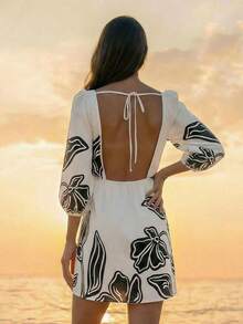 CAJUNI 女士印花船领灯笼袖度假连衣裙 - 米色 - 查看 2