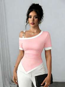 Elenzga 女士春夏法式优雅金属扣针织弹力腰褶皱不对称下摆撞色短袖T恤，适合休闲日常、旅行、海滩、音乐节、通勤等场合。 - 粉色 - 查看 1