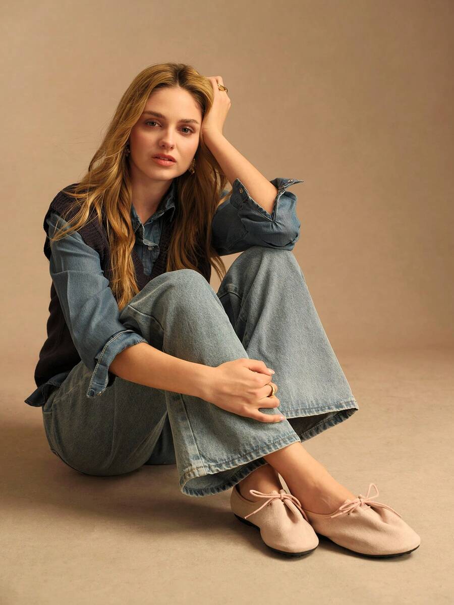 Rosivie Mocasines cómodos de punta redonda, planos y de ante con cordones para mujer