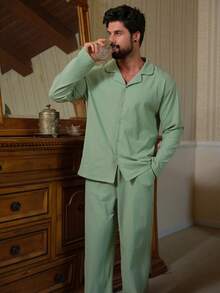 DAZY Herrpyjamasset med långärmad skjorta och byxor, vår - Grön - Visa 1