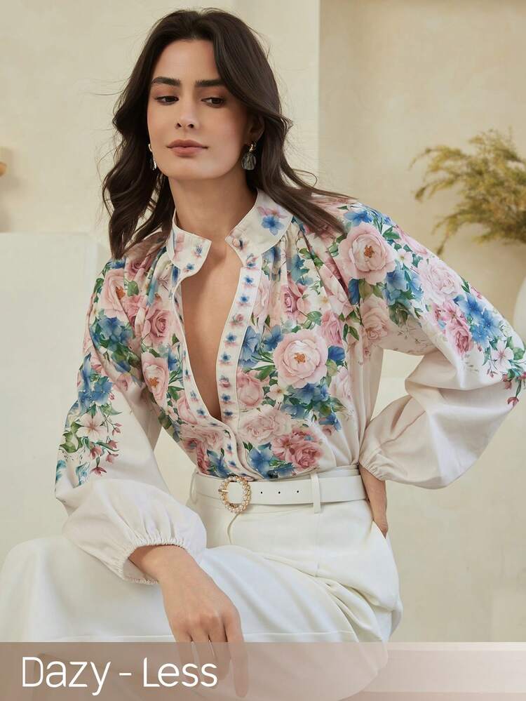 Spring/Summer Floral Print Elegant Fitted Casual Shirt For Women, Suitable For Dates, Weddings, Commuting Boho
