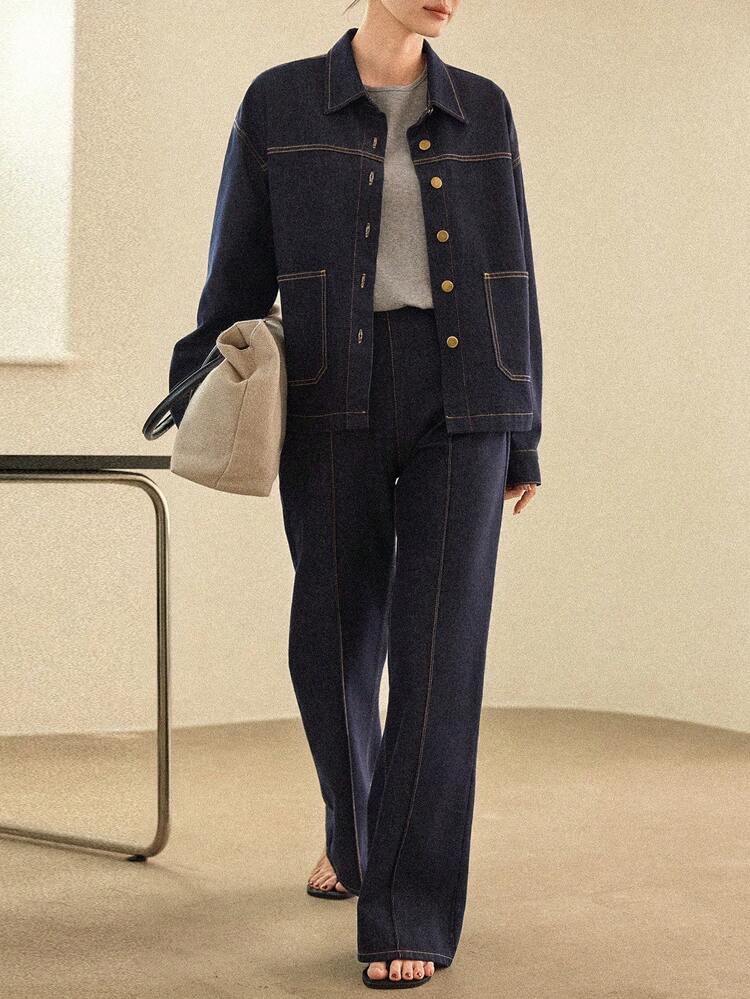 Spring/Summer Romantic Design Loose Casual Commute Elegant Blue Shirt And Straight Leg Jeans Women 2-Piece Suit