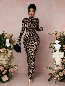 SHEIN Raffinéa Women's Ruched Leopard Print Long Sleeve Bodycon Dress, Commuter Fashion For Autumn/Winter - Brown - View 3