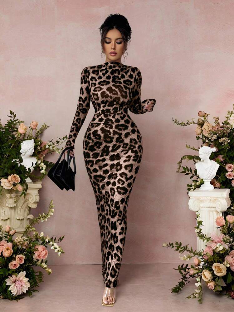 leopard print bodycon dress long sleeve Long Sleeve Backless Thong Detail Mini Bodycon Dress In Leopard Print | EGO  US