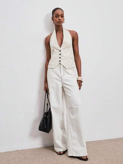 ATUI Studio เสื้อกั๊กผู้หญิงแขนกุดคอลึกวีสีเบจ เอวรูด ทรงโปร่ง เหมาะสำหรับออกเดท, พักผ่อน และใส่ทำงานในชีวิตประจำวัน