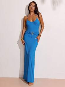 SHEIN BAE 女士休闲度假纯色实用金属装饰连衣裙，适合休闲度假、海滩旅行、鸡尾酒会、派对等场合，优雅蓝色连衣裙，适合派对、度假 - 水鴨藍 - 查看 3