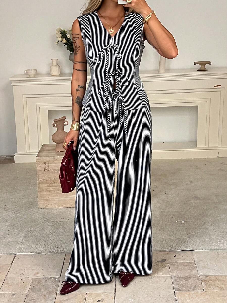 DAZY Spring/Summer Elegant Striped Sleeveless Jacket And Straight Leg Pants Set, Casual Commuting Outfit, Old Money Style For Women - Black - View 1