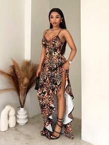 SHEIN BamGlam Sexy Suspender Animal Pattern High Slit Dress - Black - View 4