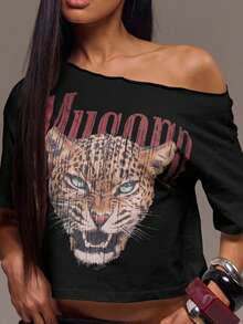 MUSERA 肩部印花豹纹超大短款T恤，酷女孩必备，适合外出、性感、豹纹印花，女装，圣诞节、优雅假日、派对、春夏复活节等场合。 - 黑色 - 查看 2