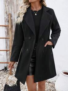 SHEIN Unity Women's Casual Solid Color Turndown Collar Double-Breasted Overcoat, Autumn/Winter Fall Cloth For Women - Black - View 6