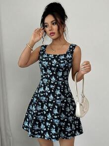 Rafferiza Đầm chữ A không tay dành cho nữ, họa tiết hoa nhí, cổ vuông và thắt eo. - màu đen - Xem 4