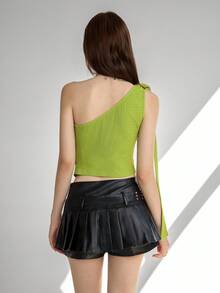 Ardnt Casual French Oblique Shoulder Design Cinched Waist Knit Textured Fabric Metal Accent Summer Chic New Girly Style Women Top - Green - View 2