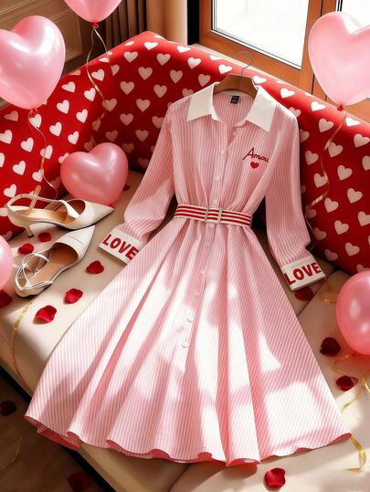 Franclia 女士字母与爱心刺绣条纹长袖单排扣系带中长衬衫裙