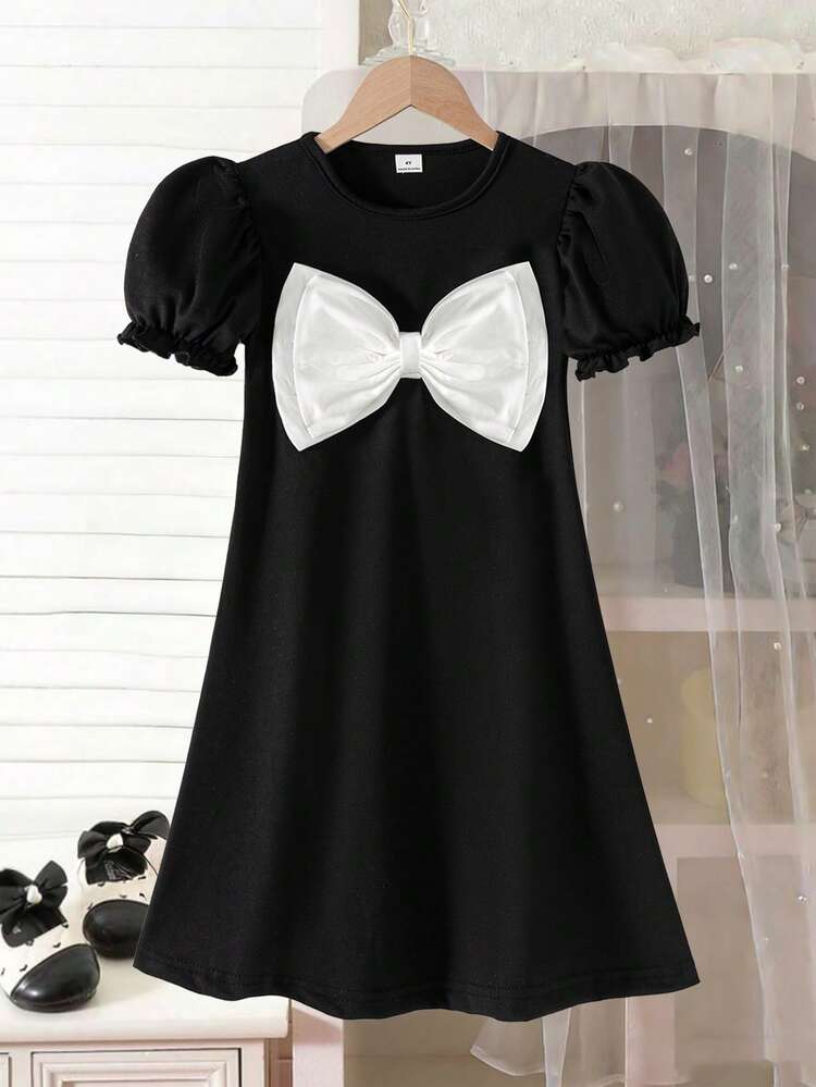 Young Girl Bow Accent Colorblock Short Sleeve Dress, Suitable For Casual Daily Wear Chic Knit Black Dress - Black - View 4