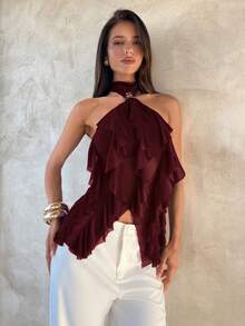 Aloruh Women's Elegant Multi-Layer Ruffle Trim Stand Collar Fitted Tank Top - Burgundy - View 7