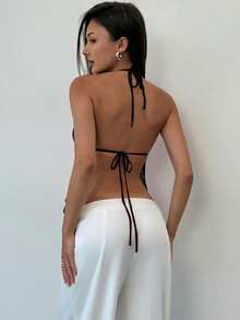 Aloruh Áo len móc cổ yếm buộc dây mùa hè cho nữ, màu hồng. - màu đen - Xem 2