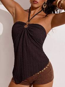 SHEIN BAE Women's Casual Vacation Textured Metal Decor Halter Tie Asymmetrical Hem Halter Top, Suitable For Beach Vacation, Music Festival, Boho Vacation, Beach Travel, Casual Travel, Summer, Brown Textured Top - Coffee Brown - View 5