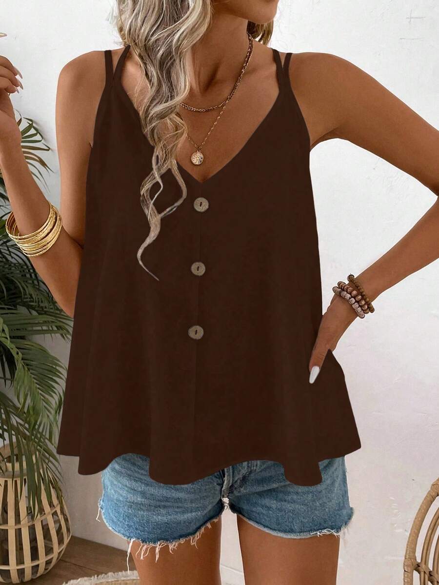 Áo camisole nữ màu trơn, thiết kế cài nút, dáng rộng thoải mái. - Cà phê nâu - Xem 1