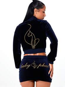 BABYPHAT 奢华丝绒迷你裙，饰有金色刺绣猫咪标志，罗纹腰带，秋冬时尚单品 - 藍色 - 查看 1