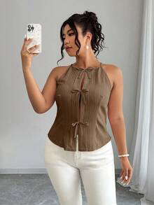 Elenzga Áo tank top mùa hè cỡ lớn, kiểu dáng thường ngày, chất liệu vải, có nơ trang trí - Màu nâu Sô-cô-la - Xem 6