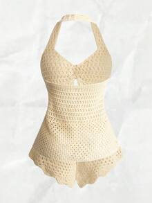 Olithes 法国时尚镂空太阳扣女士针织毛衣 - 淡黃色 - 查看 2