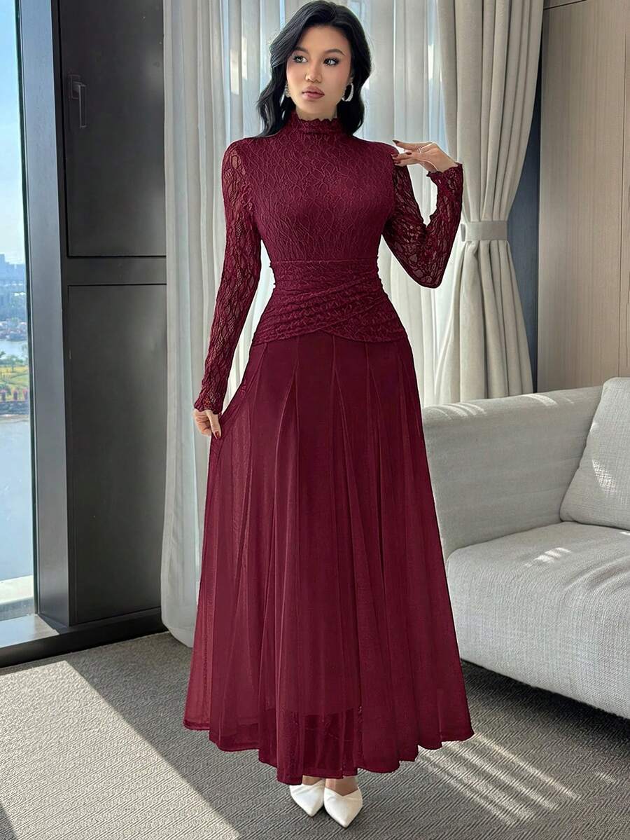 Modelyn 女士撞色蕾丝立领长袖优雅连衣裙 - 酒紅色 - 查看 1