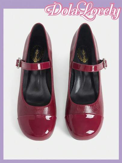 Dola Lovely Retro Burgundy Patent Leather & Soft Leather Round Toe High Heel Chunky Heel Mary Jane Shoes, Cute Lolita Style For School/JK Uniform Outfit