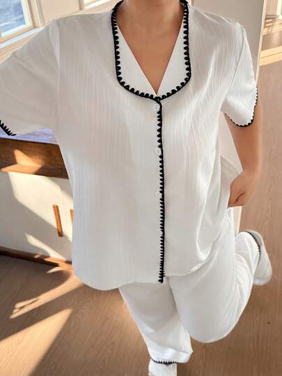 SHEIN Napfluff CURVE Minimalist Cute Funny White Striped Short Sleeve Pajama Set