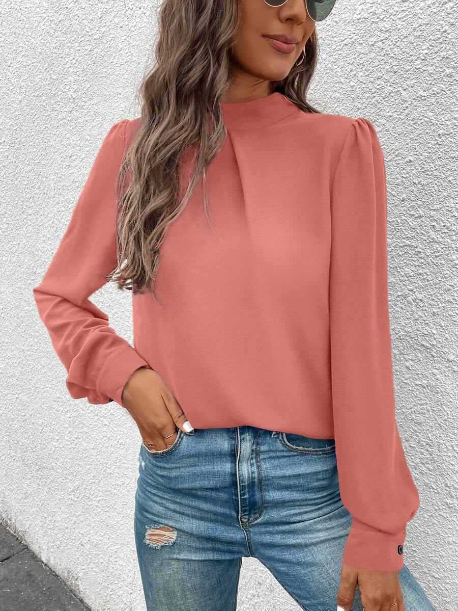 EMERY ROSE Women's Casual Everyday Commute Solid Color Stand Collar Lantern Sleeve Loose Top, Spring/Autumn - Red - View 1