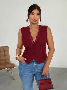 Firerie Plus Size Summer Casual Contrast Lace Solid Color Single-Breasted Vest - Redwood - View 4