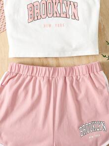 SHEIN 3件套少女夏季休闲度假运动日常通勤字母印花吊带背心、网纱透视上衣和海豚短裤 - 粉色 - 查看 3