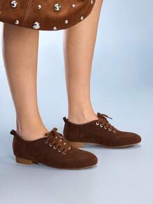 CUCCOO GRLICON Women's Lace-Up Casual Versatile Low Heel Shoes - Chocolate Brown - View 3