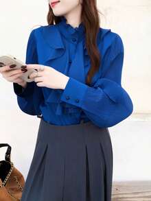 INAWLY Women's Solid Color Ruffle Collar Patchwork Frill Trim Long Sleeve Elegant Blouse - Blue - View 6