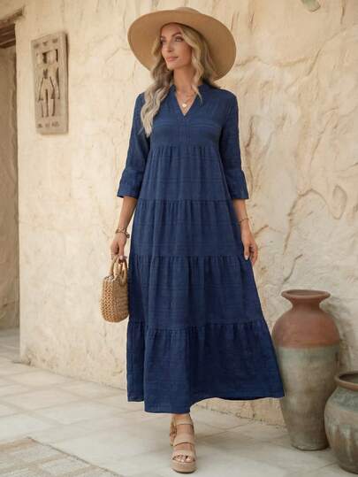 Faunlyn 紋理純色波浪袖上衣，帶鬆緊褶飾下擺，也可當作連身裙穿著