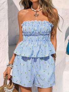 Vivid Eden 女士度假条纹荷叶边抹胸上衣和短裤时尚套装 - 藍色 - 查看 12