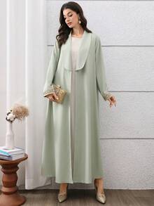 Al Najma Áo Abaya sang trọng, thanh lịch với cổ áo màu xanh lá cây, phối ren vàng, thích hợp cho các buổi đi chơi và hẹn hò. - màu xanh lá - Xem 8