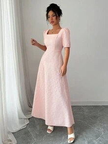 Modelyn 女士粉色提花方领泡泡袖优雅夏季中长连衣裙 - 粉色 - 查看 6