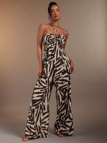 Hauture Women's Sexy Abstract Print Front Cut Out Cross Over Halter Open Back Linen Jumpsuit - Coffee Brown - View 1