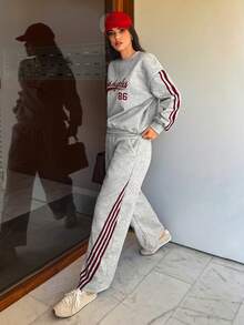 Aidyla Set de 2 sudaderas con capucha de felpa con rayas de colores contrastantes, estilo callejero de moda - Gris - Ver 5