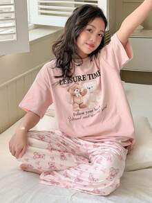DAZY Tween Girls' Cartoon Bear Letter Print Short Sleeve Top And Pants Pajama Set - Pink - View 4