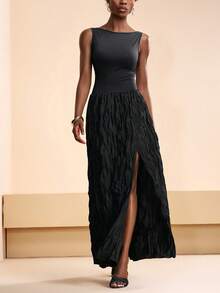 Zivah 2026 Spring/Summer Elegant New Arrival Sleeveless Backless Black Long Dress,Pleated Fabric Hem Evening Gown - Black - View 4