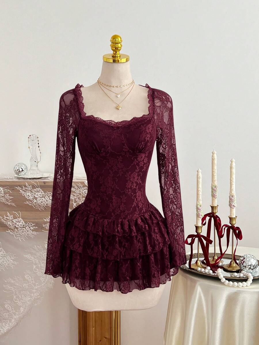 Elamini 花卉蕾丝纹理浪漫迷你连衣裙 - 酒紅色 - 查看 1