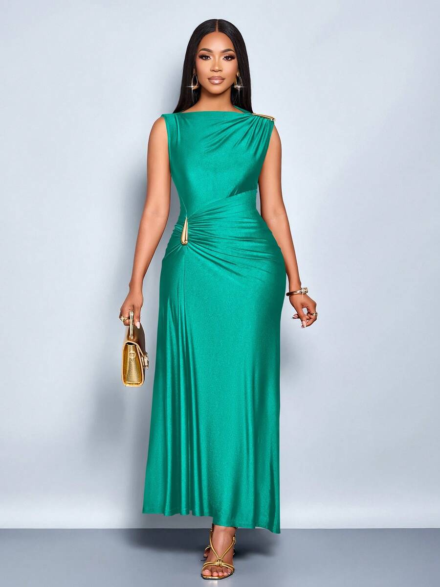 SOLERSUN Vestido elegante de mujer con decoración de metal de unicolor, ajuste ceñido, apto para uso diario, compras, fiestas y reuniones - verde menta - Ver 1