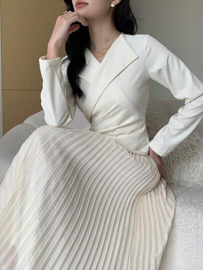 DAZY 优雅翻领腰部褶裥中长连衣裙（女士款）